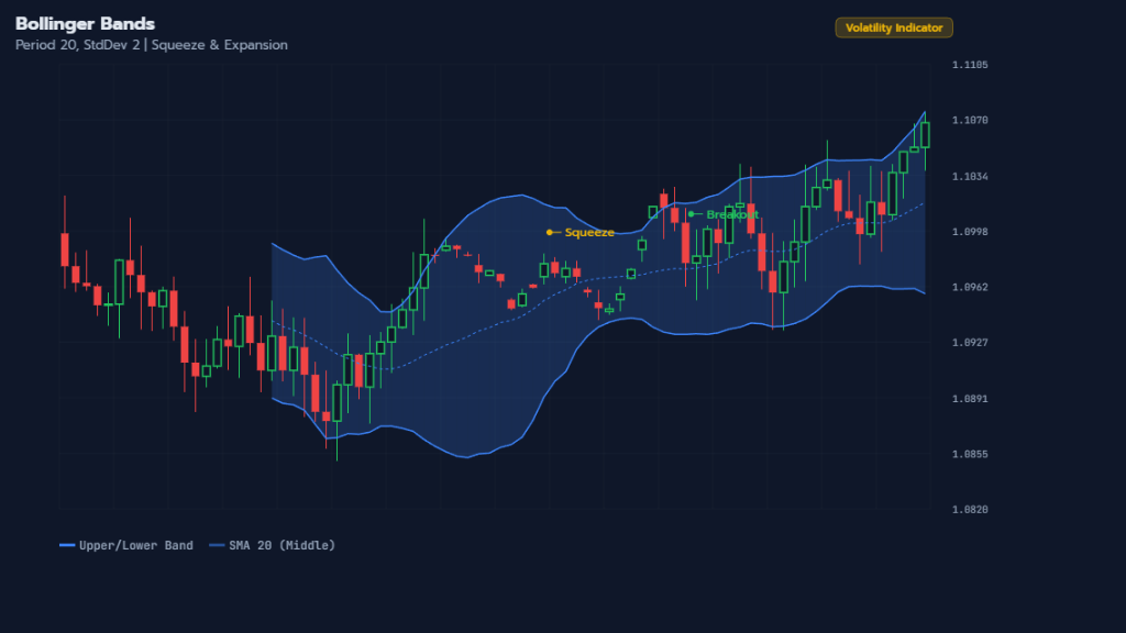 Bollinger Bands แสดง Squeeze และ Expansion Breakout