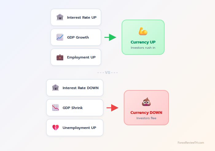 Flow แสดงปัจจัยเศรษฐกิจ (Interest Rate, GDP, Employment) ที่ทำให้ค่าเงินแข็งขึ้นหรืออ่อนลง