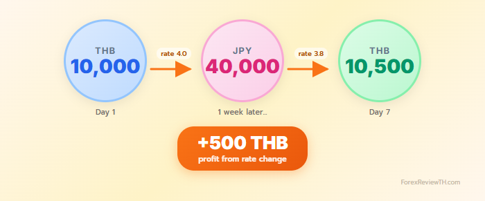 Flow การแลกเงิน THB 10,000 เป็น JPY 40,000 แล้วแลกกลับได้ THB 10,500 กำไร 500 บาท