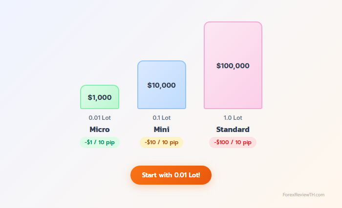 เปรียบเทียบขนาด Lot - Micro 0.01 ($1,000) Mini 0.1 ($10,000) Standard 1.0 ($100,000) พร้อมความเสี่ยงต่อ 10 pip