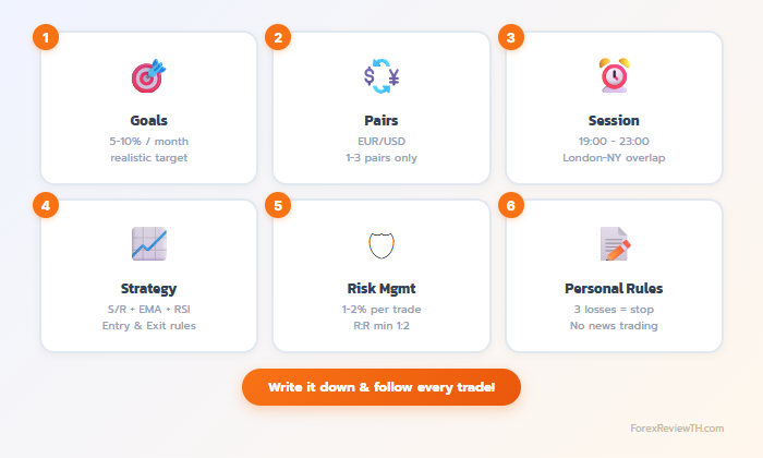 6 องค์ประกอบของ Trading Plan: Goals, Pairs, Session, Strategy, Risk Management, Personal Rules